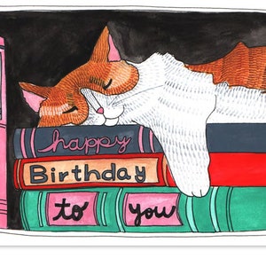 Blank Cat Birthday Card - Cat Nap with Books