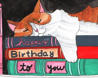 Blank Cat Birthday Card - Cat Nap with Books