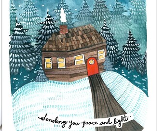 Blank Holiday Card - Peace and Light Cabin