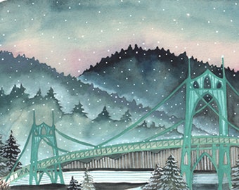 Blank Portland Oregon Christmas Card - St Johns Bridge