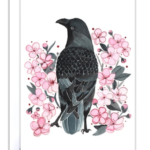 Crow Greeting Card Spring Greeting Card Mother's Day Card Crow Illustration Crow Note Card Crow and Blossoms 画像 1