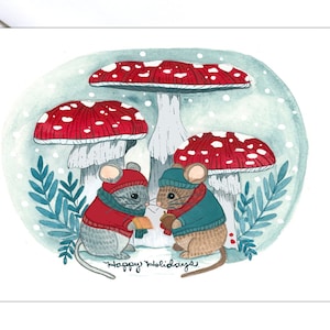 May include: A greeting card featuring a watercolor illustration of two mice wearing hats and scarves, standing in front of red and white mushrooms. The card has the text "Happy Holidays" and is set against a snowy, blue-green background.