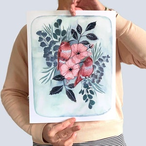 Impressão de arte de pássaro ilustrada - Dois beija-flores