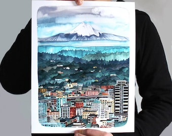 Portland Oregon Illustration Print - 11x14 Mt Hood over the City
