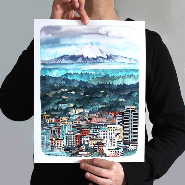 Portland Oregon illustratie print - 11 x 14 Mt Hood over the City