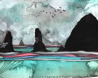 May include: A watercolor painting depicting three large black rock formations against a cloudy sky with a flock of birds. The foreground features horizontal bands of teal, pink, and blue. The text MICHELEMAULEART.COM is printed at the bottom.