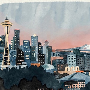 Seattle Washington Illustrated Art Print - Seattle Skyline 8x10" Print