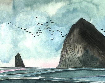 Impresión artística ilustrada de la costa de Oregón - Haystack Rock (20 x 25 cm)