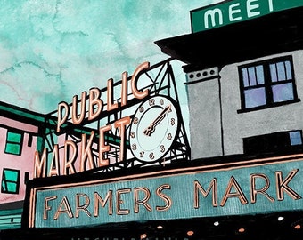 Seattle Illustrated Art Print - Pike Place Market 8x10" Print