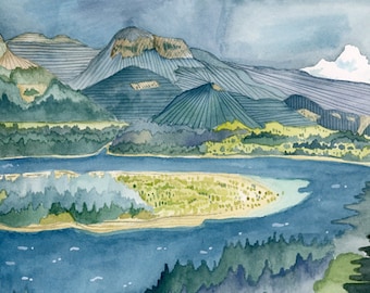 Oregon Art Illustration Print - Columbia River Gorge 8x10