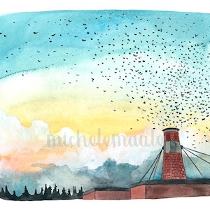 May include: Watercolor painting of a factory with a red brick smokestack, emitting a flock of birds against a blue and yellow sky. The artwork includes the text "michelemaulo".