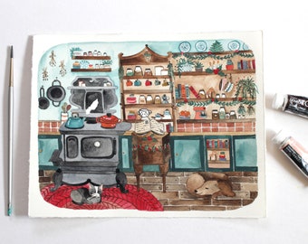 Original Watercolor Painting - Cozy Winter Kitchen