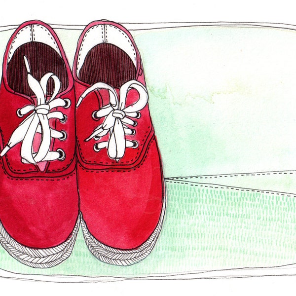 art Illustration Print of Red Shoes 8x10 - Let's Go on an adventure
