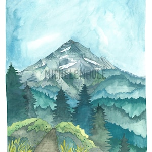 Oreogn Mountain Illustration Art - Mt Hood Hike 8x10 Print
