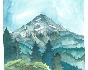 May include: A watercolor painting of a mountain range with a wooden path leading through a forest of green trees. The sky is a light blue with white clouds.