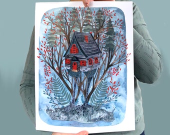 Unique Illustration Print of Baba Yaga's Enchanted House - 11x14 Art Print