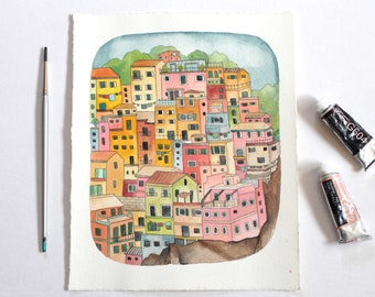 Original Cinque Terre Illustration on Paper - Little Houses