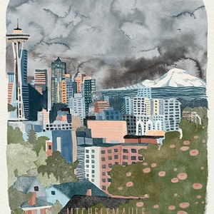 Washington State Illustrated Art Print - Seattle 8x10" Print