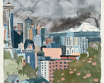 Washington State Illustrated Art Print - Seattle 8x10" Print