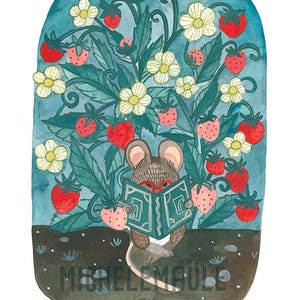 May include: Watercolor illustration of a mouse reading a book amidst a strawberry plant with red and pink berries and white flowers. The background is a teal blue with the artist's name at the bottom.