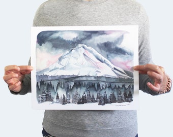 Mountain Illustration Art Print - 11x14 Mt Hood Winter Sunrise