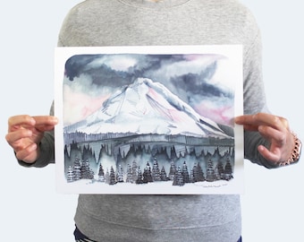 May include: Watercolor painting of a snow-capped mountain with a dark gray sky and a forest of dark green trees in the foreground.