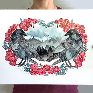 Crow Art Illustration - Two Crows and Roses