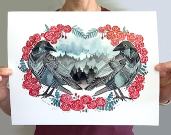 Crow Art Illustration - Two Crows and Roses