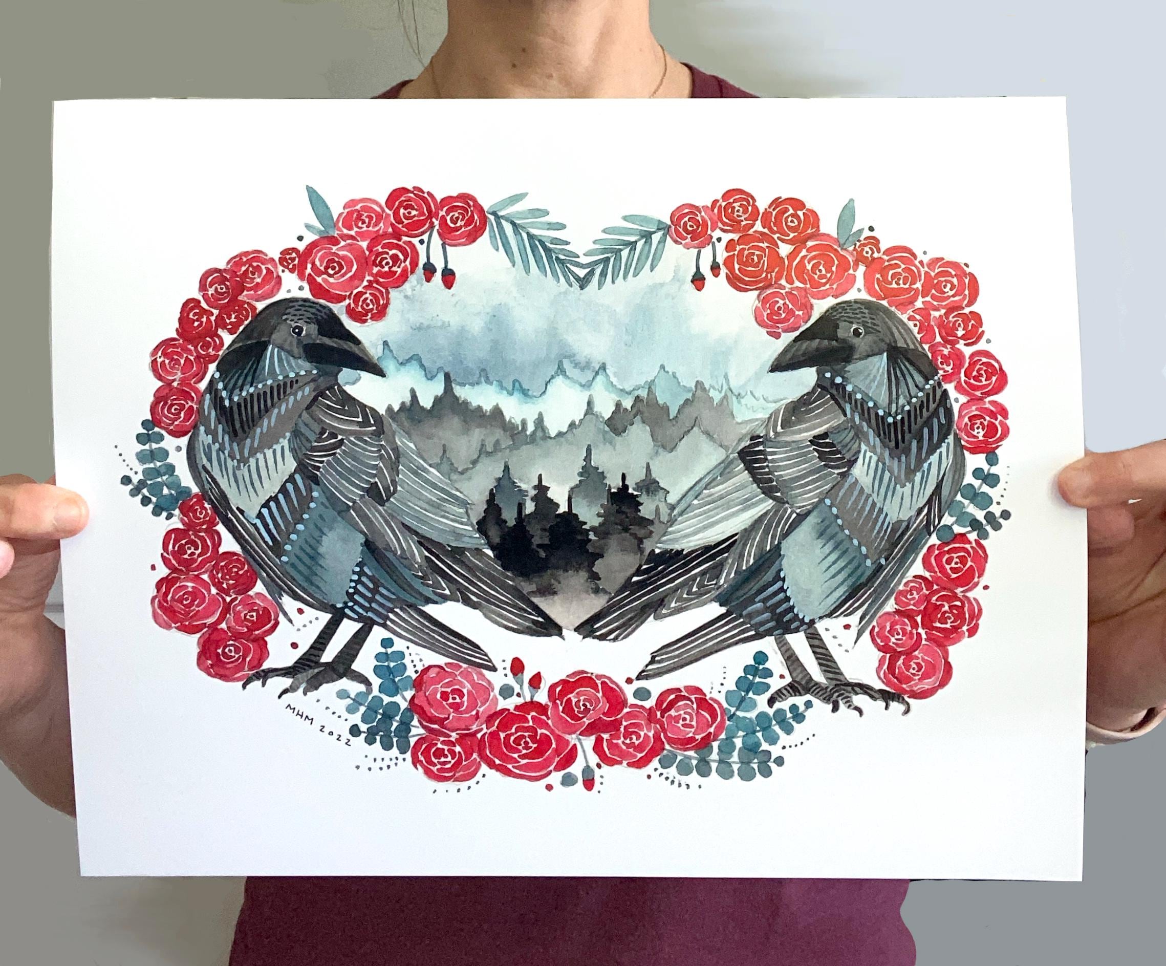 Crow Art Illustration - Two Crows and Roses - Etsy