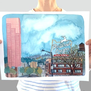 Portland Oregon Illustrated Art Print - Big Pink 11x14 Print