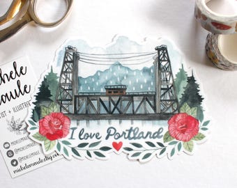 Pegatina de vinilo ilustrada grande para portátil «I Love Portland»