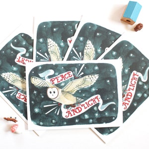 Juego de tarjetas navideñas ilustradas: Búho campestre de la paz y la luz