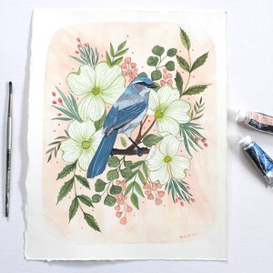 Original Hand Painted Gouache Painting on Paper - Spring Scrub Jay