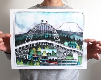 Arte - Arte de Portland - Arte del puente de Portland - Ilustración del puente 405 - Impresión de arte - Impresión de 11x14" - Portland Oregon - Letra grande - Puente 405