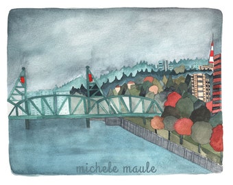 May include: Watercolor painting of a city scene featuring a teal bridge with red accents, lush green trees, and buildings. The artwork has a muted color palette with a cloudy sky and the artist's signature, "michele maule", at the bottom.