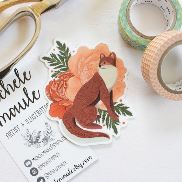 Little Red Fox with Peonies Vinyl Sticker