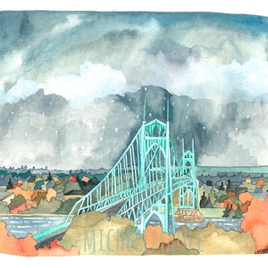 Portland Oregon Watercolor Art Print - St Johns Bridge