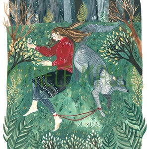 Illustratie Art Print Meisje met Wolf afbeelding 2