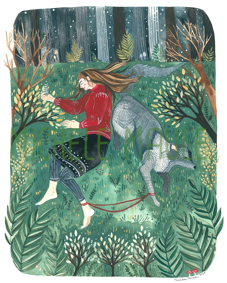 Illustratie Art Print Meisje met Wolf afbeelding 2