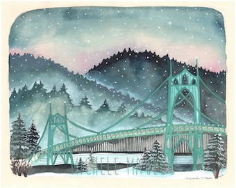 May include: Watercolor painting of a teal bridge in a snowy landscape. The bridge has gothic-style arches and is set against a backdrop of snow-covered trees and mountains. The sky is a mix of pink and blue, with falling snow.