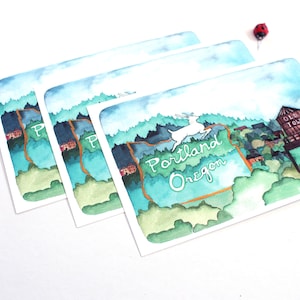 Set van drie ansichtkaarten van Portland Oregon - oude binnenstad van Portland