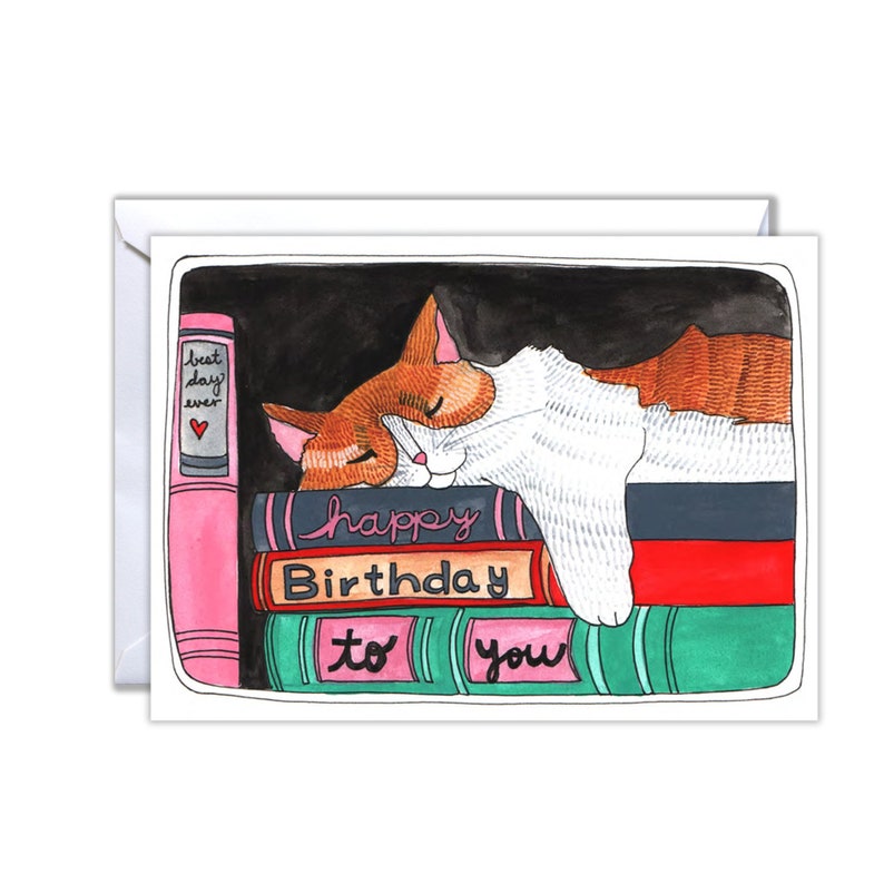 Blank Cat Birthday Card Cat Nap with Books image 1