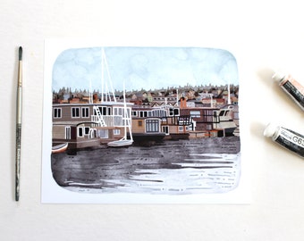 Seattle Washington Art Illustration - Seattle House Boats 8x10 Print