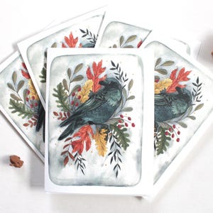 Conjunto de cartas ilustradas de corvos de outono