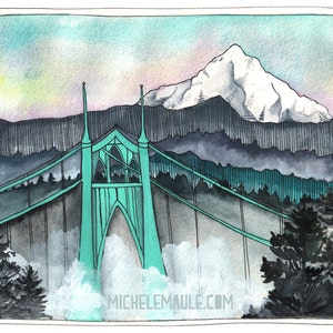 St Johns Bridge & Mt Hood Art Print: Portland Oregon Landmark (8x10)