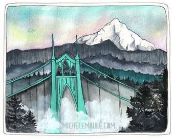 Impresión artística del puente de St. Johns y el monte Hood: Monumento de Portland, Oregón (8x10)