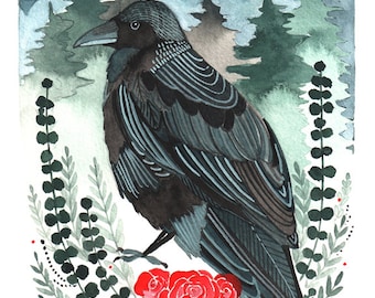 Puede incluir: Una pintura de acuarela de un cuervo negro posado sobre un lecho de rosas rojas. El cuervo está rodeado de follaje verde y un fondo azul brumoso.