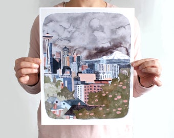 Seattle Washington Illustration Art - Seattle Skyline 11x14"