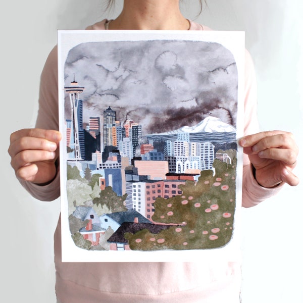 Seattle Washington Illustration Art - Seattle Skyline 11x14"