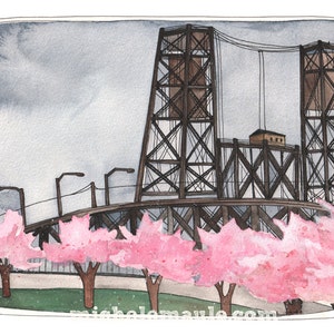 Steel Bridge Art Print - Spring Cherry Blossoms